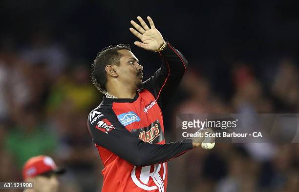 Sunil Narine of the Renegades bowls during the Big Bash League match between the Melbourne Renegades and the Melbourne Stars at Etihad Stadium on...