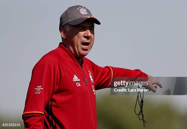 Head coach Carlo Ancelotti is seen during a training session at day 5 of the Bayern Muenchen training camp at Aspire Academy on January 7, 2017 in...