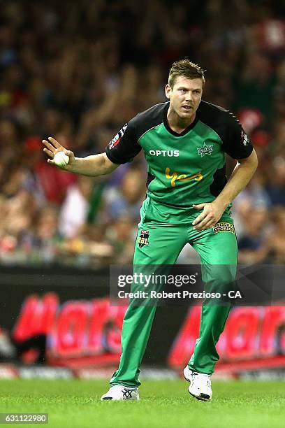 James Faulkner of the Stars takes a catch to dismiss Aaron Finch of the Renegades during the Big Bash League match between the Melbourne Renegades...