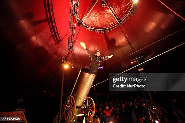 David Dimitri performs the Human Canon Ball act. Performer David Dimitri at the show One Man Circus at the SNFCC in Athens, Greece, January 6, 2017....