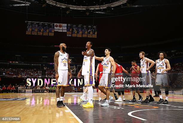 Greg Whittington of the Kings appeals to the match official during the round 14 NBL match between the Sydney Kings and the Perth Wildcats at Qudos...