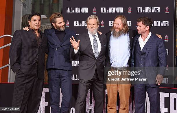 Actors Gil Birmingham, Chris Pine and Jeff Bridges, director David Mackenzie and writer Taylor Sheridan attend Jeff Bridges hand and footprint...