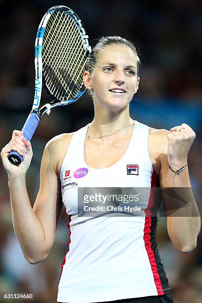 Karolina Pliskova of the Czech Republic holds the winning against Alize Cornet of France in the Women's Final on day seven of the 2017 Brisbane...