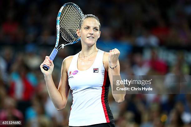Karolina Pliskova of the Czech Republic holds the winning against Alize Cornet of France in the Women's Final on day seven of the 2017 Brisbane...
