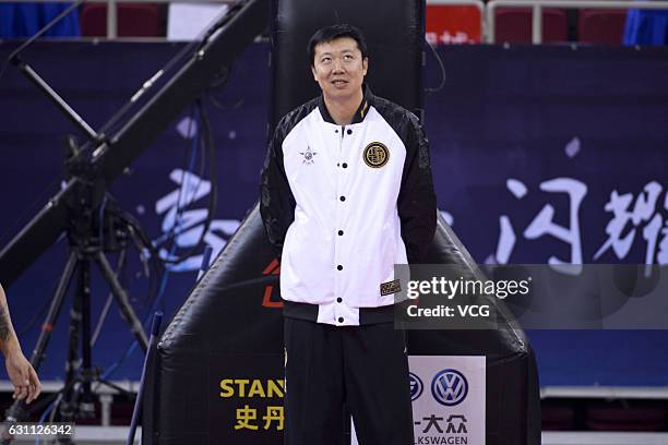 Wang Zhizhi, coach of Southern Team, provides guidance for Southern Team's training ahead of Rookie Game as part of 2017 CBA All-Star Weekend on...