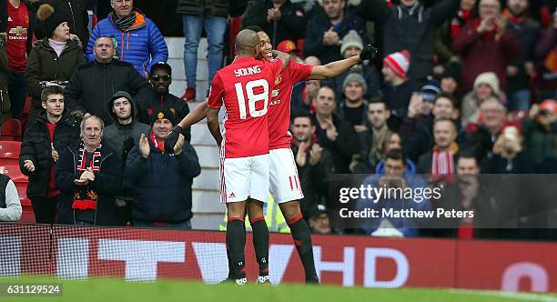 Anthony Martial of Manchester United celebrates scoring their second goal during the Emirates FA Cup Third Round match between Manchester United and...