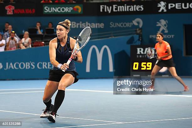 Sania Mirza of India and Bethanie Mattek-Sands of the USA in action during the Women's Doubles Final against Ekaterina Makarova of Russia and Elena...