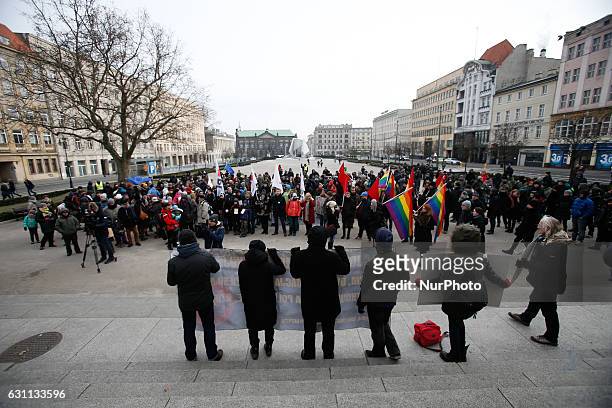 People are seen at a rally against racial violence in Poznan on 7 January, 2017. Recent incidents involving violence against ethnic minorities and...
