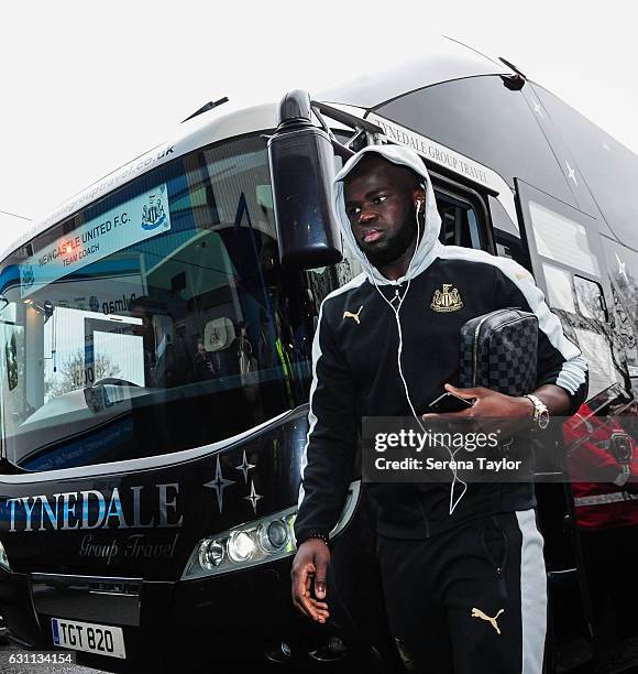 Cheick Tiote of Newcastle steps off the team bus after it arrives for the The Emirates FA Cup Third Round between Birmingham City and Newcastle...