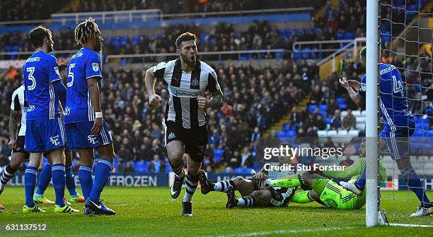 Newcastle player Daryl Murphy celebrates after scoring the opening goal during The Emirates FA Cup Third Round match between Birmingham City and...