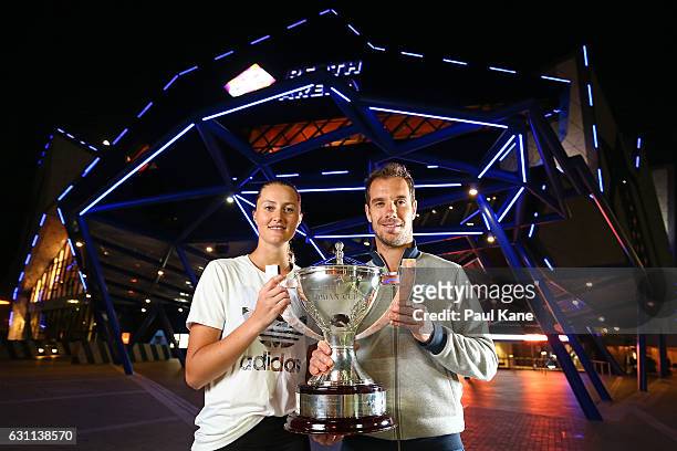 Kristina Mladenovic and Richard Gasquet of France pose with the Hopman Cup after winning the final againt Coco Vandeweghe and Jack Sock of the United...