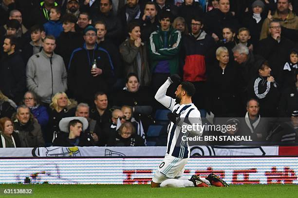 West Bromwich Albion's English-born Scottish midfielder Matt Phillips celebrates scoring the opening goal during the English FA Cup third round...