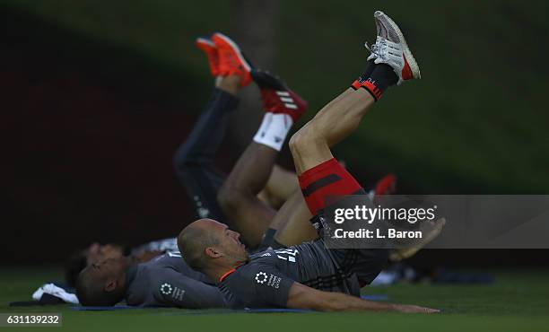 Arjen Robben warms up during a training session at day 5 of the Bayern Muenchen training camp at Aspire Academy on January 7, 2017 in Doha, Qatar.