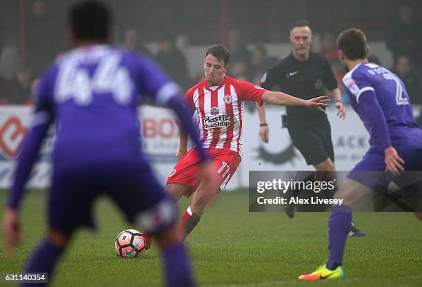 Sean McConville of Accrington Stanley scores the opening goal during the Emirates FA Cup Third Round match between Accrington Stanley and Luton Town...