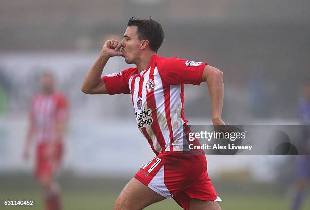 Sean McConville of Accrington Stanley celebrates after scoring the opening goal during the Emirates FA Cup Third Round match between Accrington...