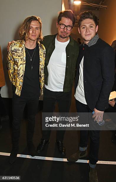 Dougie Poynter, Oliver Spencer and Niall Horan attend the Oliver Spencer AW17 Catwalk Show during London Fashion Week Men's January 2017 at the BFC...