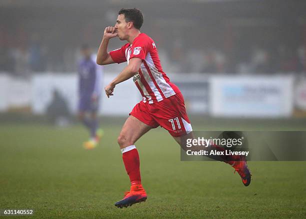Sean McConville of Accrington Stanley celebrates after scoring the opening goal during the Emirates FA Cup Third Round match between Accrington...