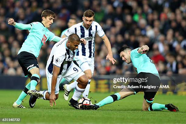 Salomon Rondon of West Bromwich Albion and Jason Shackell of Derby County during The Emirates FA Cup Third Round match between West Bromwich Albion...