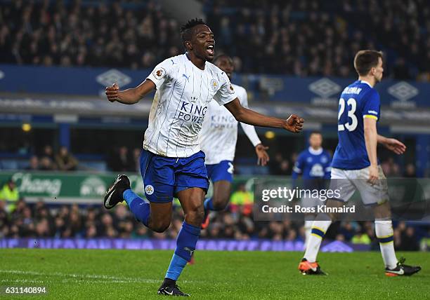 Ahmed Musa of Leicester City celebrates scoring his sides first goal during the Emirates FA Cup third round match between Everton and Leicester City...