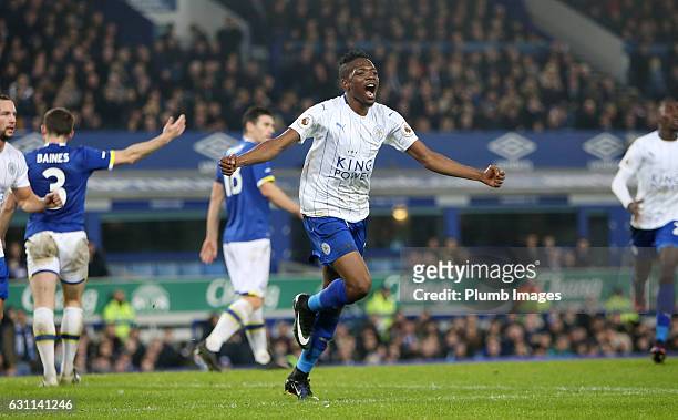Ahmed Musa of Leicester City celebrates after scoring to make it 1-1 during the FA Cup third round tie between Everton and Leicester City at Goodison...