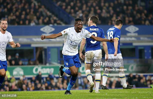 Ahmed Musa of Leicester City celebrates after scoring to make it 1-1 during the FA Cup third round tie between Everton and Leicester City at Goodison...