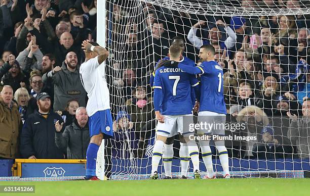 Romelu Lukaku of Everton celebrates after scoring to make it 1-0 during the FA Cup third round tie between Everton and Leicester City at Goodison...