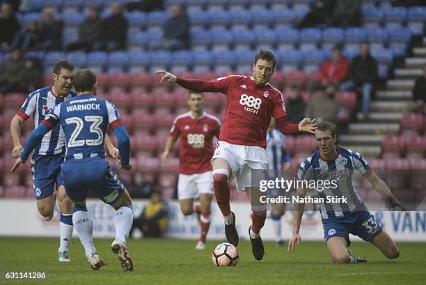 Nicklas Bendtner of Nottingham Forest and Stephen Warnock of Wigan Athletic in action during the Emirates FA Cup Third Round match between Wigan...