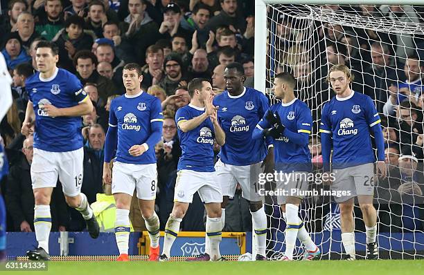 Romelu Lukaku of Everton celebrates after scoring to make it 1-0 during the FA Cup third round tie between Everton and Leicester City at Goodison...