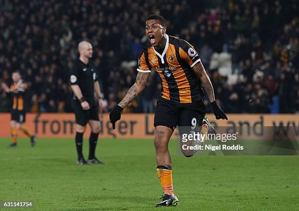 Abel Hernandez of Hull City celebrates after scoring his sides first goal during the Emirates FA Cup third round match between Hull City and Swansea...