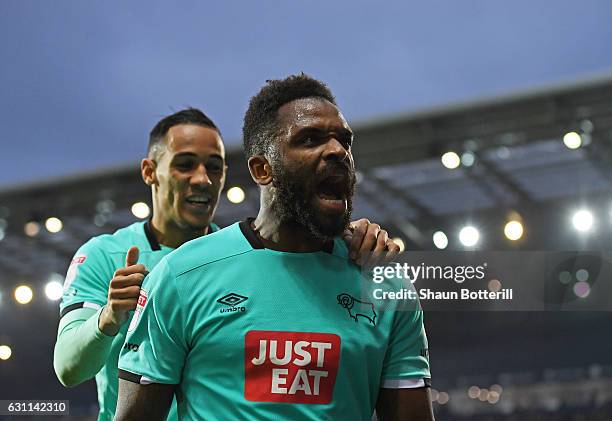 Darren Bent of Derby County celebrates scoring his sides first goal during the Emirates FA Cup Third Round match between West Bromwich Albion and...