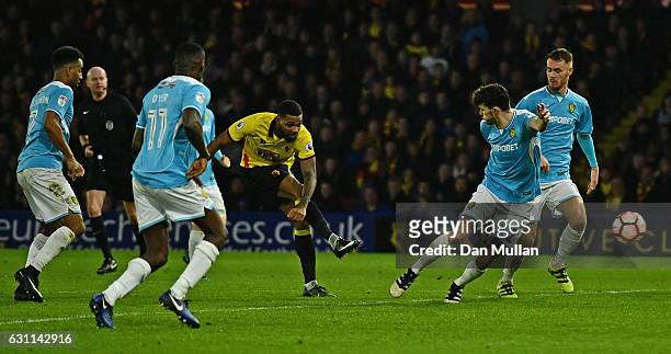 Jerome Sinclair of Watford scores his sides second goal during The Emirates FA Cup Third Round match between Watford and Burton Albion at Vicarage...