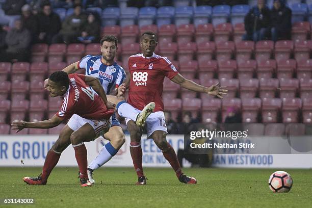 Yanic Wildschut of Wigan Athletic scores the second goal during the Emirates FA Cup Third Round match between Wigan Athletic and Nottingham Forest at...