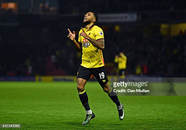 Jerome Sinclair of Watford celebrates after scoring his sides second goal during The Emirates FA Cup Third Round match between Watford and Burton...