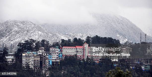 View of the snow covered Mcleodganj near Dharamshala, on January 7 2017 in Dharamsala, India. Winter’s first heavy snowfall intensified the cold wave...