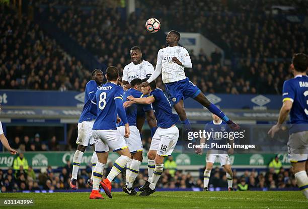 Wilfred Ndidi of Leicester City climbs highest to win the header during the FA Cup third round tie between Everton and Leicester City at Goodison...