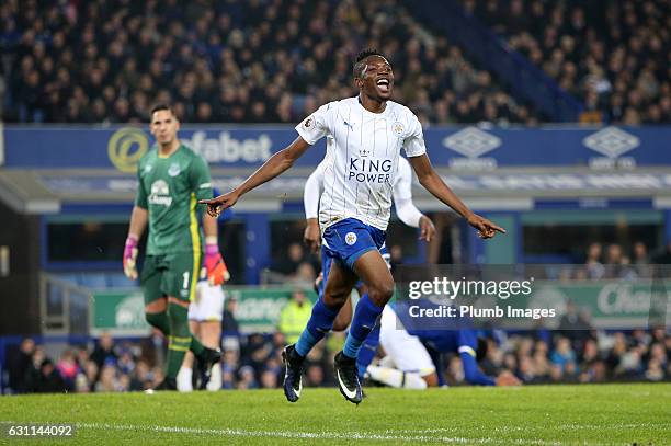 Ahmed Musa of Leicester City celebrates after scoring to make it 1-2 during the FA Cup third round tie between Everton and Leicester City at Goodison...