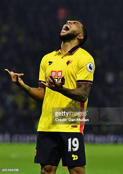 Jerome Sinclair of Watford celebrates after scoring his sides second goal during The Emirates FA Cup Third Round match between Watford and Burton...