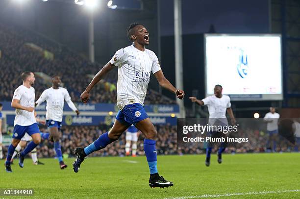 Ahmed Musa of Leicester City celebrates after scoring to make it 1-2 during the FA Cup third round tie between Everton and Leicester City at Goodison...
