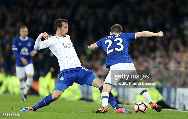 Christian Fuchs of Leicester City in action with Seamus Coleman of Everton during the FA Cup third round tie between Everton and Leicester City at...