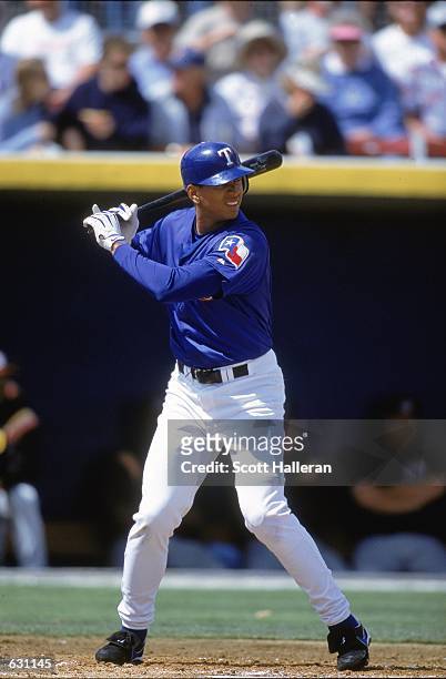 Alex Rodriguez of the Texas Rangers stands ready at bat during the Spring Training Game against the Pittsburgh Pirates at the Charlotte County...