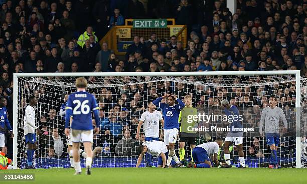 Ashley Williams of Everton comes close to scoring during the FA Cup third round tie between Everton and Leicester City at Goodison Park on January...