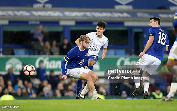 Bartosz Kapustka of Leicester City in action with Tom Davies and Gareth Barry of Everton during the FA Cup third round tie between Everton and...