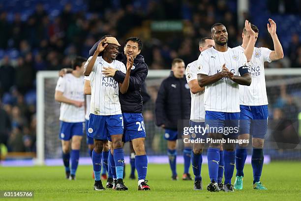 Ahmed Musa and Shinji Okazaki of Leicester City after the FA Cup third round tie between Everton and Leicester City at Goodison Park on January 07,...