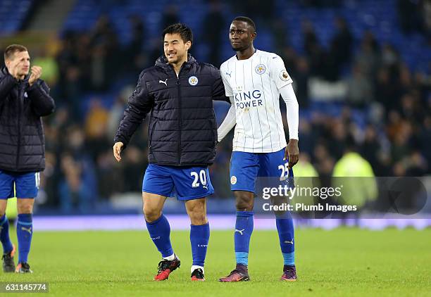 Shinji Okazaki and Wilfred Ndidi of Leicester City after the FA Cup third round tie between Everton and Leicester City at Goodison Park on January...