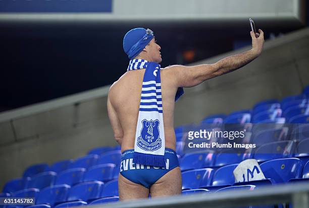 An Everton fan braves the cold in speedos ahead of the FA Cup third round tie between Everton and Leicester City at Goodison Park on January 07, 2017...