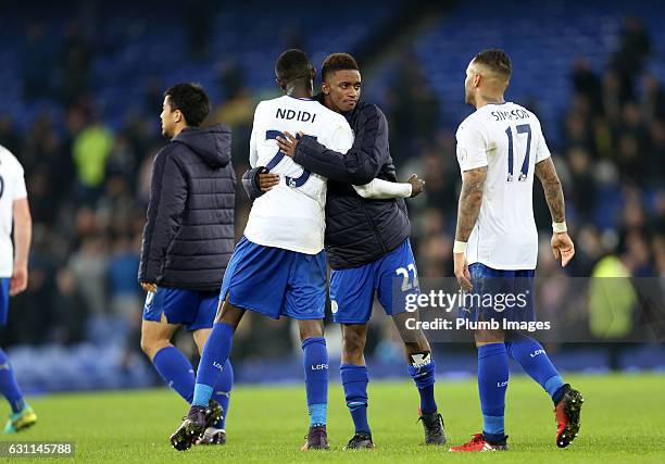 Wilfred Ndidi, Demarai Gray and Danny Simpson of Leicester City after the FA Cup third round tie between Everton and Leicester City at Goodison Park...