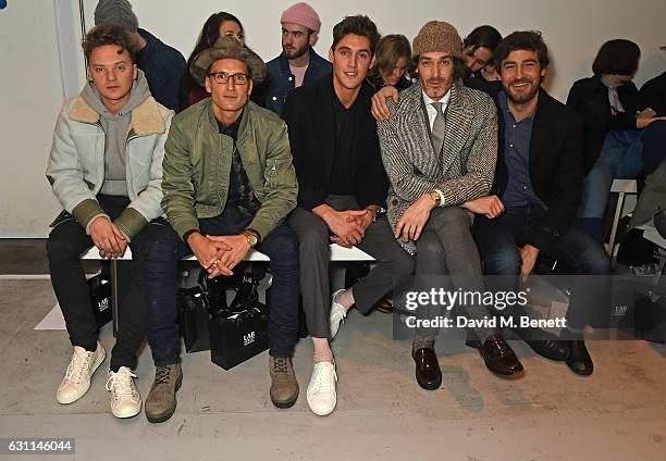 Conor Maynard, Ollie Proudlock, Isaac Carew, Richard Biedul and Robert Konjic attend the Casely-Hayford show during London Fashion Week Men's January...