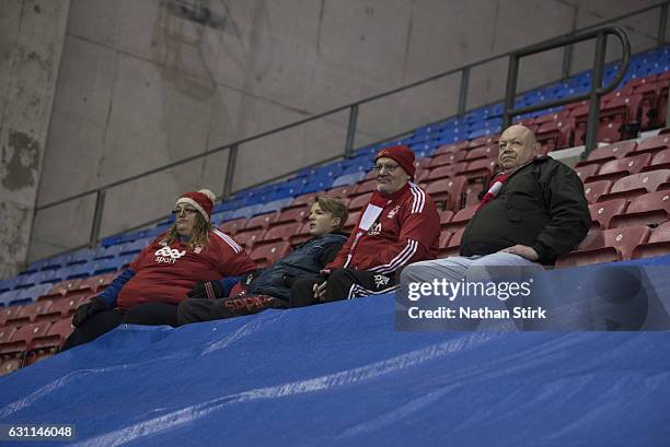 Nottingham Forest fans look on during the Emirates FA Cup Third Round match between Wigan Athletic and Nottingham Forest at the DW Stadium on January...