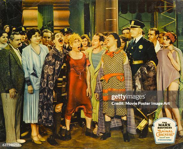 Comic actors Chico, Harpo, Zeppo and Groucho Marx star with Margaret Dumont in the 1930 Marx Brothers comedy 'Animal Crackers', directed by Victor...