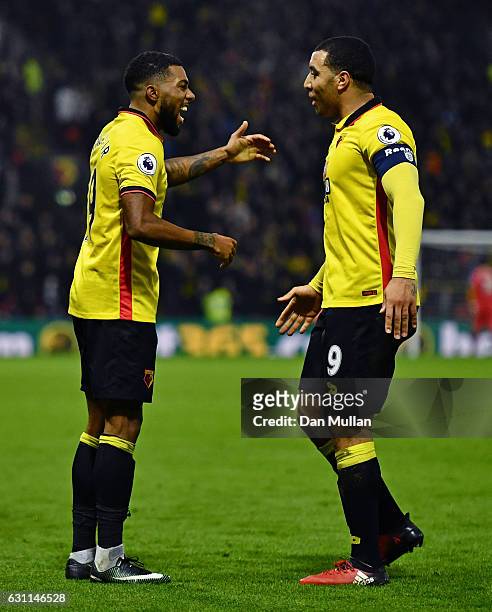 Jerome Sinclair of Watford celebrates scoring his team's second goal with his team mate Troy Deeney during The Emirates FA Cup Third Round match...
